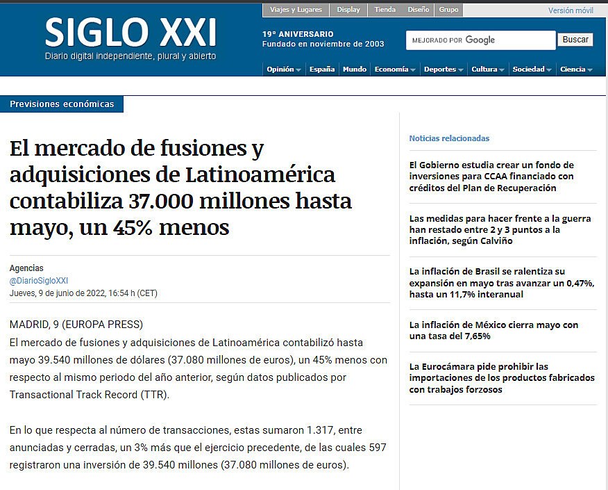 El mercado de fusiones y adquisiciones de Latinoamrica contabiliza 37.000 millones hasta mayo, un 45% menos